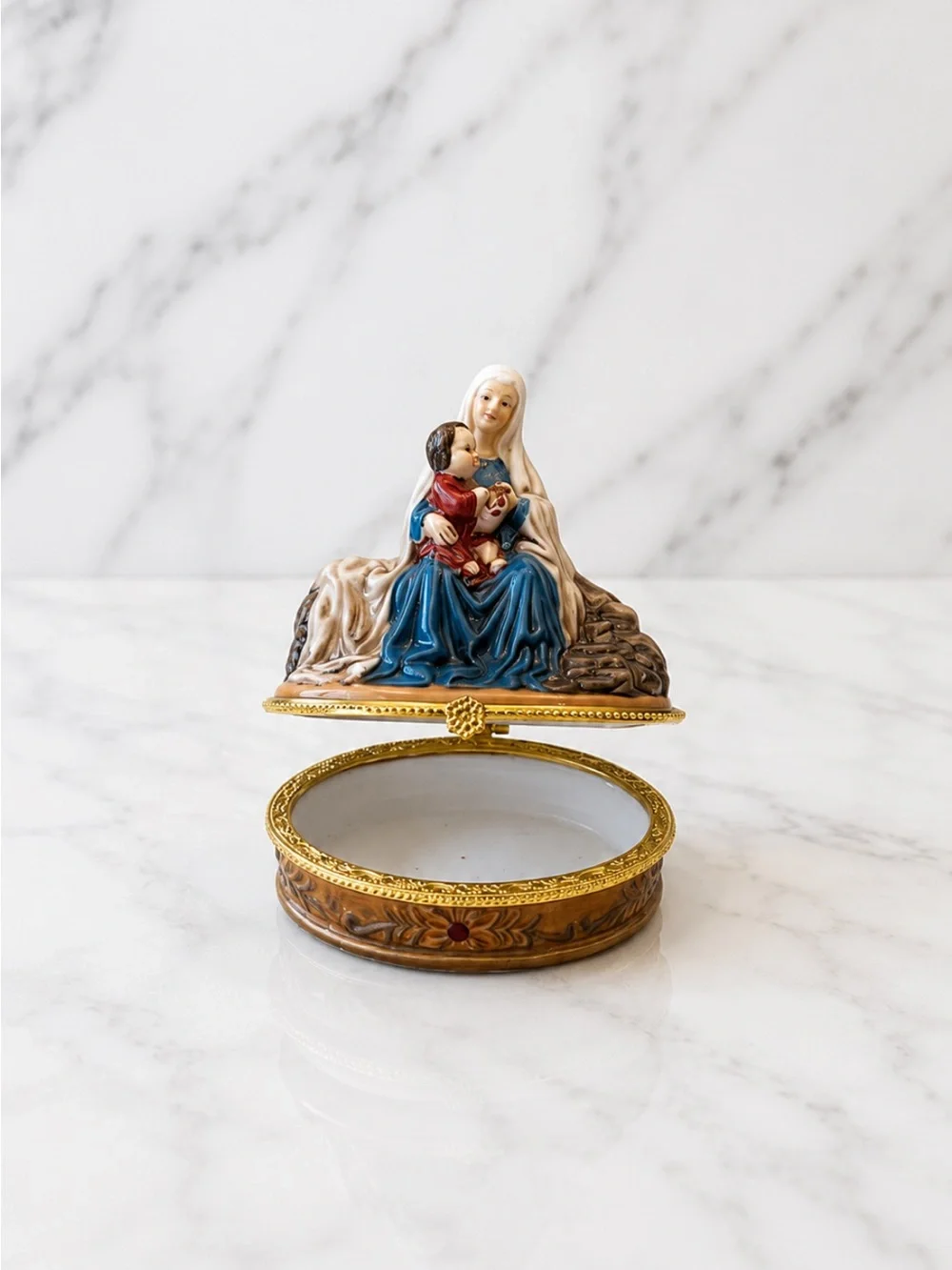 Ceramic Madonna and Child decorative trinket box